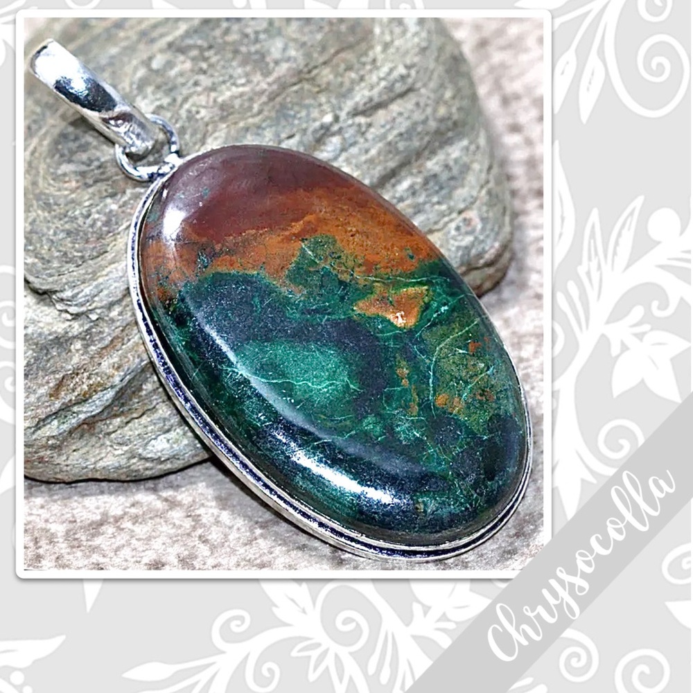 Chrysocolla Large Eclectic Silver Artisan Pendant 2.2” (Green, Teal, Rust Brown)